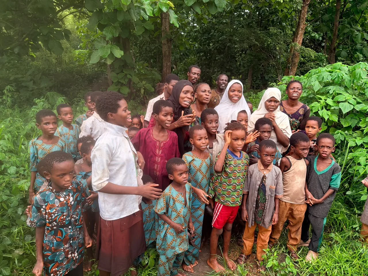 Rescued pupils and teachers abducted from schools in Oriire, Oyo State, after regaining their freedom following a 56-day captivity. Photo: X/@aonanuga1956
